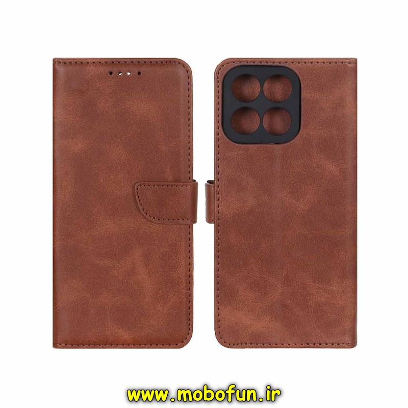 کیف گوشی Honor X7C آنر مگنتی طرح چرم کتابی محافظ لنزدار قهوه ای کد 75338