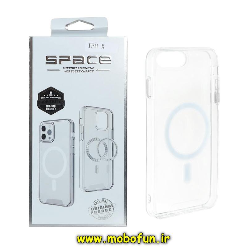 قاب گوشی iPhone 7 Plus / iPhone 8 Plus آیفون اورجینال اسپیس SPACE مگ سیف دار طلقی شیشه ای شفاف دکمه کرومی کد 75366