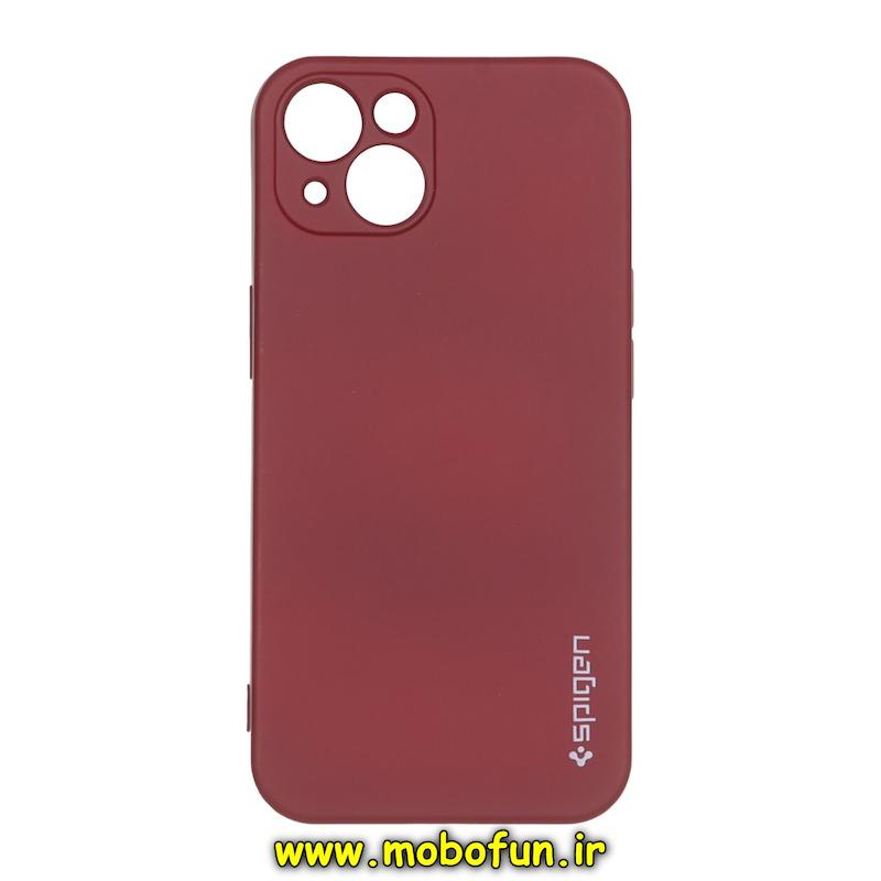 قاب گوشی iPhone 13 آیفون لدر دیزاین SOFT Lether Design اسپیگن Spigen سیلیکونی طرح چرم زرشکی کد 75411