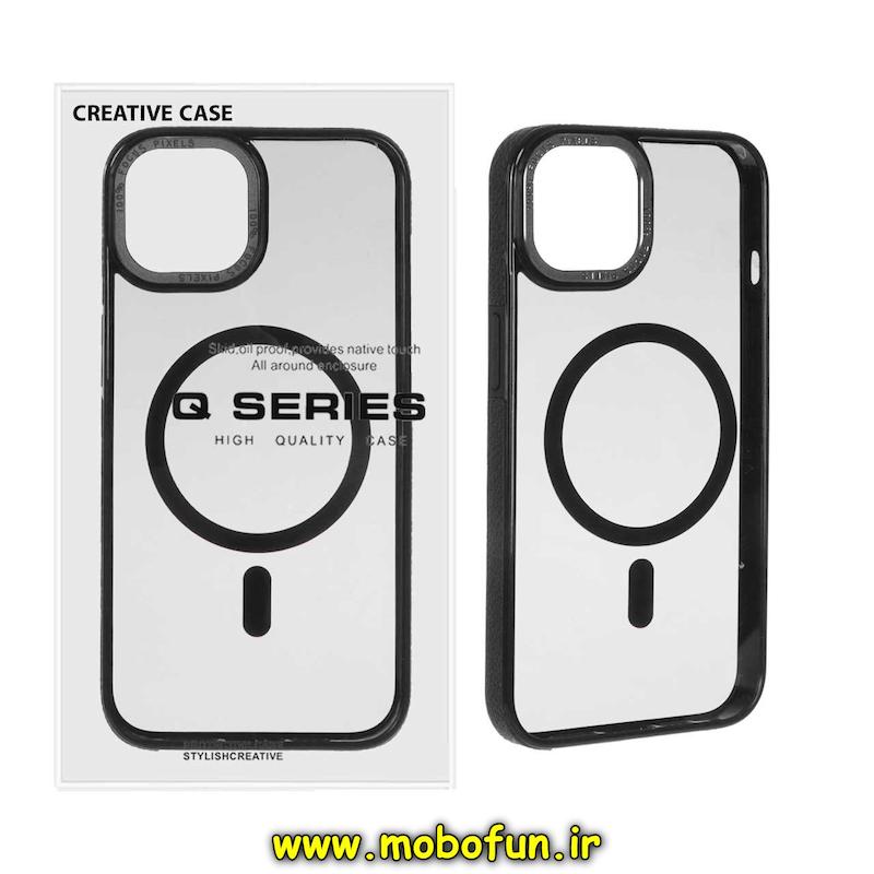 قاب گوشی iPhone 13 / iPhone 14 آیفون پشت طلق دودی دور سیلیکونی طرح چرم اورجینال فلزی متال کیس Metal Case برند FOCUS PIXEL مگ سیف دار مشکی کد 75412