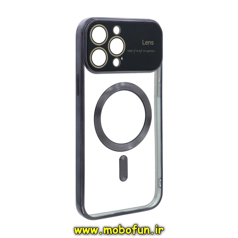 قاب گوشی iPhone 13 Pro Max آیفون طرح الکتروپلیتینگ ژله ای شفاف اورجینال Camera Lens محافظ لنز دار طرح مگ سیف مشکی کد 75450