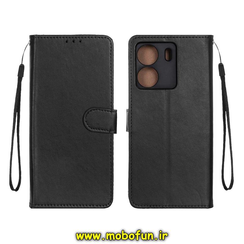 کیف گوشی Redmi 13C / Poco C65 شیائومی مگنتی طرح چرم کتابی محافظ لنزدار بنددار مشکی کد 76154