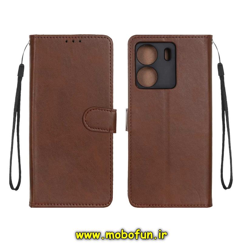 کیف گوشی Redmi 13C / Poco C65 شیائومی مگنتی طرح چرم کتابی محافظ لنزدار بنددار قهوه ای کد 76155