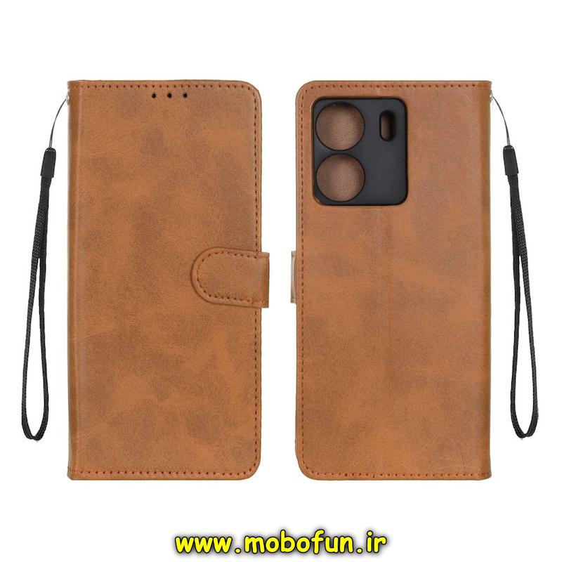 کیف گوشی Redmi 13C / Poco C65 شیائومی مگنتی طرح چرم کتابی محافظ لنزدار بنددار عسلی کد 76156