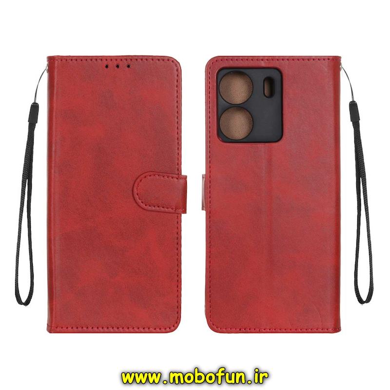 کیف گوشی Redmi 13C / Poco C65 شیائومی مگنتی طرح چرم کتابی محافظ لنزدار بنددار قرمز کد 76157