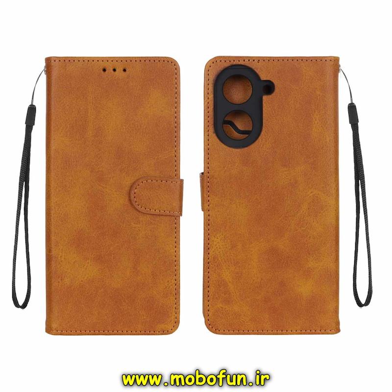 کیف گوشی Redmi A5 / Poco C71 شیائومی مگنتی طرح چرم کتابی بند دار محافظ لنزدار عسلی کد 76334