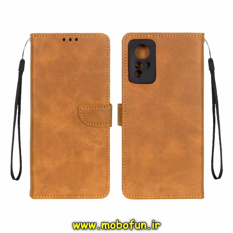 کیف گوشی Redmi Note 12S شیائومی مگنتی طرح چرم کتابی محافظ لنزدار بند چرمی عسلی کد 76477