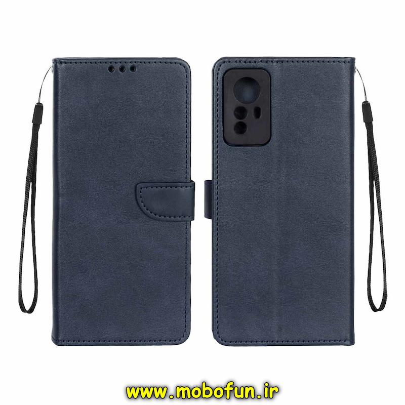 کیف گوشی Redmi Note 12S شیائومی مگنتی طرح چرم کتابی محافظ لنزدار بند چرمی سرمه ای کد 76478