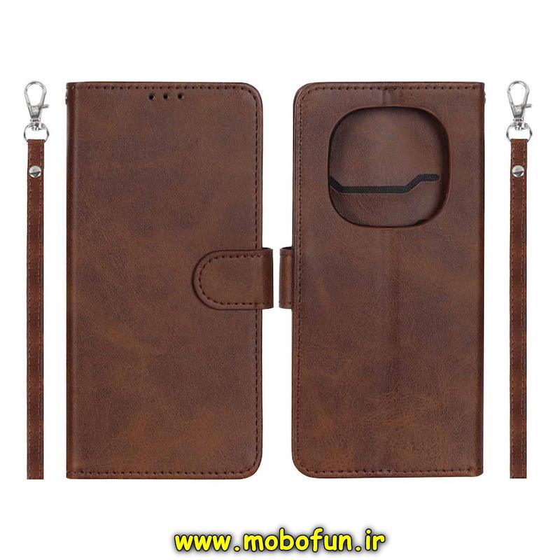 کیف گوشی Redmi Note 14 Pro 4G شیائومی مگنتی طرح چرم کتابی بنددار چرمی قهوه ای کد 76712