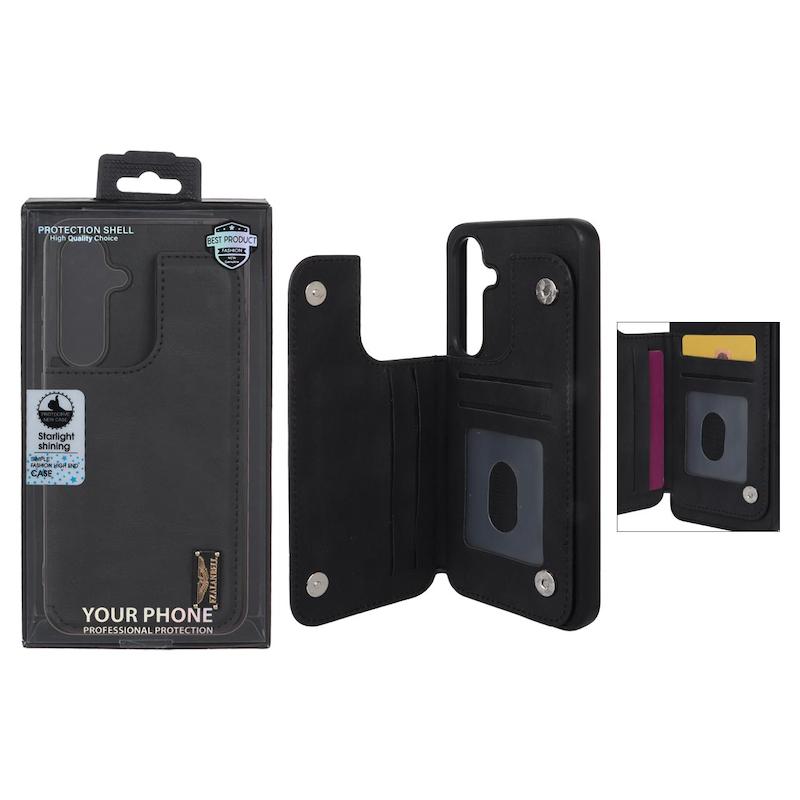 قاب گوشی Galaxy S24 FE سامسونگ چرم اورجینال FZALANBELL جاکارتی پشت باز شو مگنتی داخل پارچه ای مشکی کد 76926