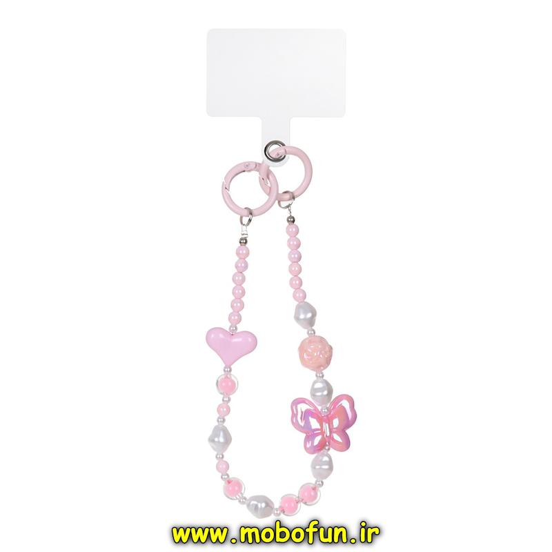 بند آویز دستی موبایل ( فون چارم Phone Charm ) طرح لاکچری دوقلاب قلب و پروانه کد 77111