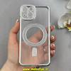 قاب گوشی iPhone 13 آیفون الکتروپلیتینگ ژله ای شفاف اورجینال طرح مگ سیف نگین دار شاین محافظ لنز دار نقره ای کد 1-15-100426