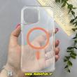 قاب گوشی iPhone 13 Pro Max آیفون اورجینال Classic Fit مگ سیف دار طلقی شیشه ای شفاف دکمه کرومی نارنجی کد 93143