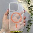 قاب گوشی iPhone 15 Pro آیفون اورجینال Classic Fit مگ سیف دار طلقی شیشه ای شفاف دکمه کرومی نارنجی کد 93167