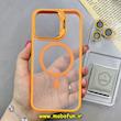 قاب گوشی iPhone 15 Pro Max آیفون اورجینال SHOCK متال کیس Metal اورجینال CASE PRO طرح پشت طلق شفاف دور سیلیکونی استندشو فلزی مگ سیف دار Magsafe محافظ لنزدار رینگی نارنجی کد 93175