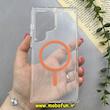 قاب گوشی Galaxy S23 Ultra سامسونگ اورجینال Classic Fit مگ سیف دار طلقی شیشه ای شفاف دکمه کرومی نارنجی کد 93181