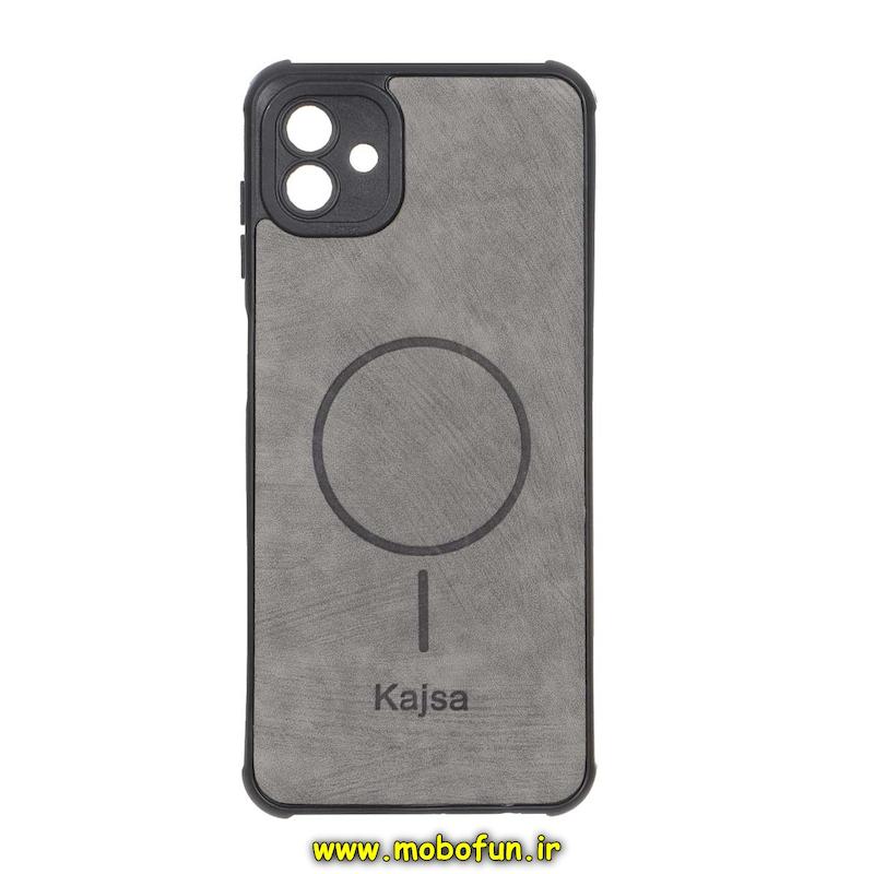 قاب گوشی Galaxy A04 / Galaxy M13 5G سامسونگ ژله ای چرمی جیر کجسا KAJSA طرح مگ سیف Magsafe محافظ لنزدار طوسی کد 93294