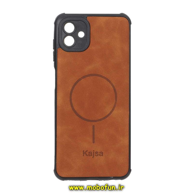 قاب گوشی Galaxy A04 / Galaxy M13 5G سامسونگ ژله ای چرمی جیر کجسا KAJSA طرح مگ سیف Magsafe محافظ لنزدار قهوه ای روشن کد 93295