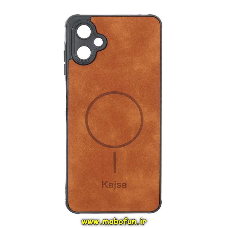 قاب گوشی Galaxy A06 سامسونگ ژله ای چرمی جیر کجسا KAJSA طرح مگ سیف Magsafe محافظ لنزدار عسلی کد 93316