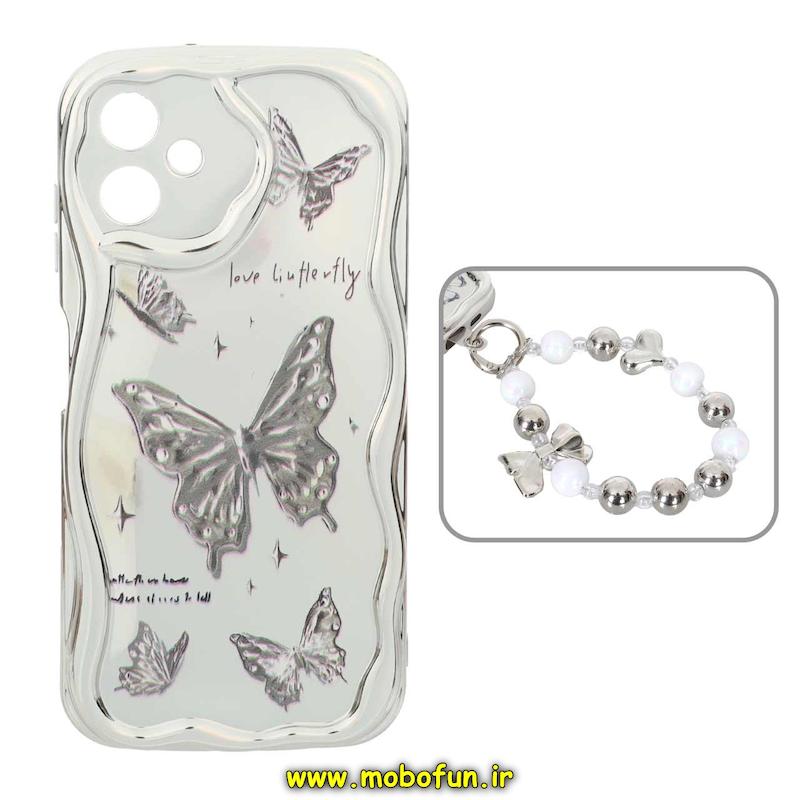 قاب گوشی Galaxy A06 سامسونگ کرومی بالشتی محافظ لنز دار کرومی دستبندی لاکچری رنگ نقره ای کد 93321