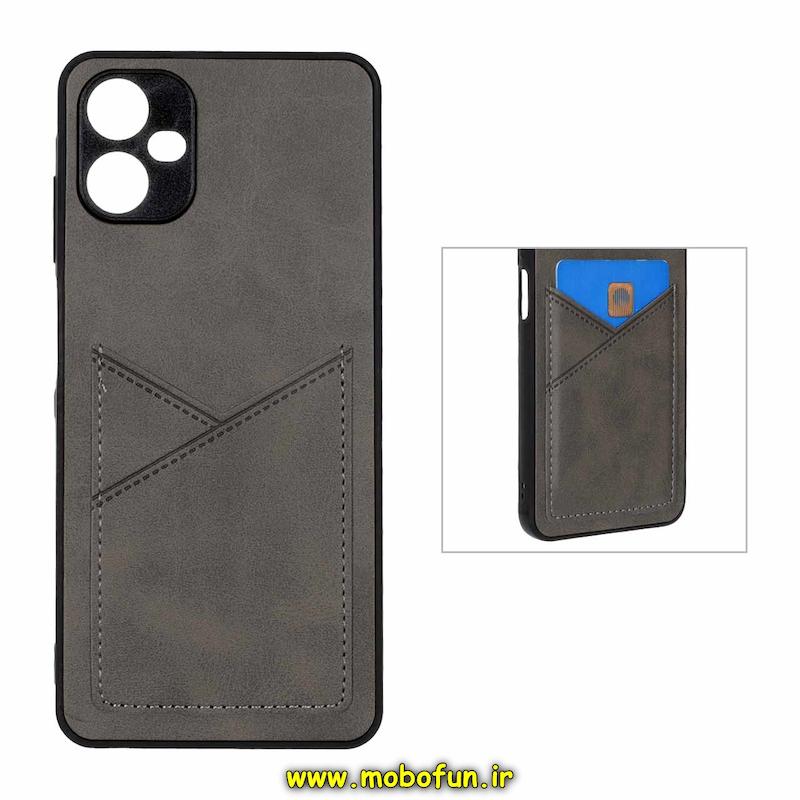 قاب گوشی Galaxy A06 سامسونگ چرمی جاکارتی دار داخل خز محافظ لنزدار خاکستری کد 93324