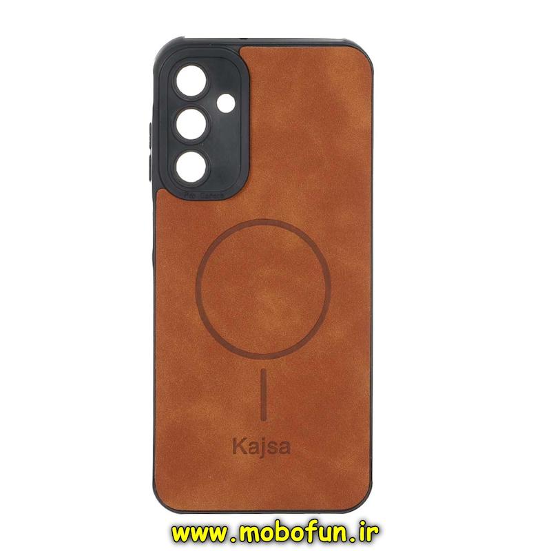 قاب گوشی Galaxy A15 سامسونگ ژله ای چرمی جیر کجسا KAJSA طرح مگ سیف Magsafe محافظ لنزدار عسلی کد 93498
