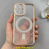 قاب گوشی iPhone 16 آیفون الکتروپلیتینگ ژله ای شفاف اورجینال طرح مگ سیف نگین دار شاین محافظ لنز دار طلایی کد 1-15-100433
