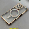 قاب گوشی iPhone 16 آیفون الکتروپلیتینگ ژله ای شفاف اورجینال طرح مگ سیف نگین دار شاین محافظ لنز دار طلایی کد 1-15-100433