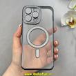 قاب گوشی iPhone 16 Pro Max آیفون الکتروپلیتینگ ژله ای شفاف اورجینال طرح مگ سیف نگین دار شاین محافظ لنز دار مشکی کد 1-15-100443