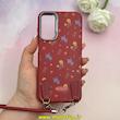 قاب گوشی Galaxy A15 سامسونگ لدر دیزاین SOFT Lether Design فانتزی سیلیکونی طرح چرمی دارای آویزبند با گل های کیوت قرمز کد 1-15-102200