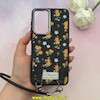 قاب گوشی Galaxy A56 سامسونگ لدر دیزاین SOFT Lether Design فانتزی سیلیکونی طرح چرمی دارای آویزبند با گل های کیوت مشکی کد 1-15-102213