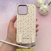 قاب گوشی iPhone 16 Pro Max آیفون لدر دیزاین SOFT Lether Design فانتزی سیلیکونی طرح چرمی دارای آویزبند با گل های کیوت کرم کد 1-15-102222