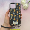 قاب گوشی iPhone 16 Pro Max آیفون لدر دیزاین SOFT Lether Design فانتزی سیلیکونی طرح چرمی دارای آویزبند با گل های کیوت مشکی کد 1-15-102223