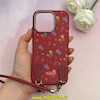 قاب گوشی iPhone 16 Pro آیفون لدر دیزاین SOFT Lether Design فانتزی سیلیکونی طرح چرمی دارای آویزبند با گل های کیوت قرمز کد 1-15-102225
