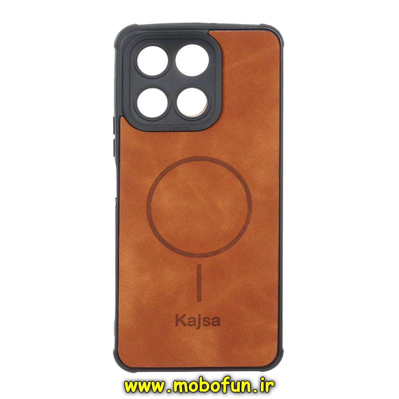 قاب گوشی Honor X6A هوآوی ژله ای چرمی جیر کجسا KAJSA طرح مگ سیف Magsafe محافظ لنزدار قهوه ای روشن کد 93936