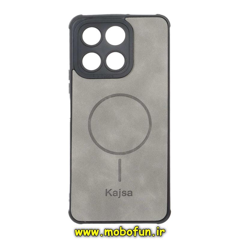 قاب گوشی Honor X6A هوآوی ژله ای چرمی جیر کجسا KAJSA طرح مگ سیف Magsafe محافظ لنزدار طوسی کد 93938