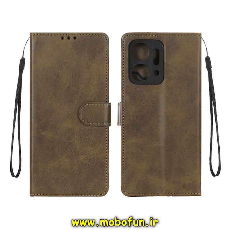کیف گوشی Honor X7A آنر مگنتی طرح چرم کتابی محافظ لنزدار بنددار سبز زیتونی کد 93953