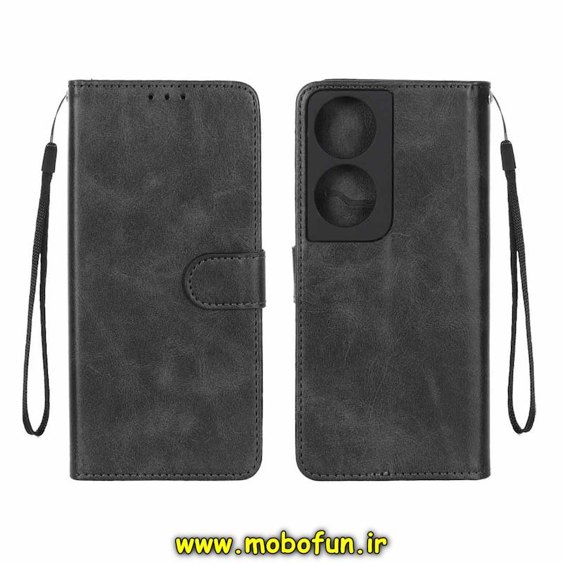کیف گوشی Honor X7B آنر مگنتی طرح چرم کتابی محافظ لنزدار بنددار مشکی کد 93955