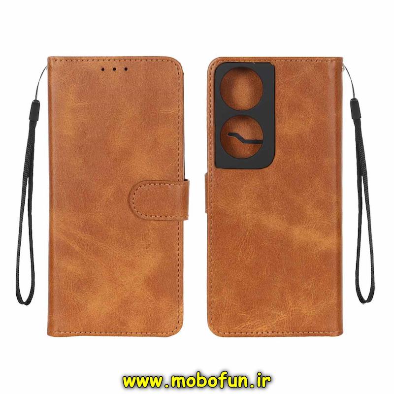 کیف گوشی Honor X7B آنر مگنتی طرح چرم کتابی محافظ لنزدار بنددار عسلی کد 93956