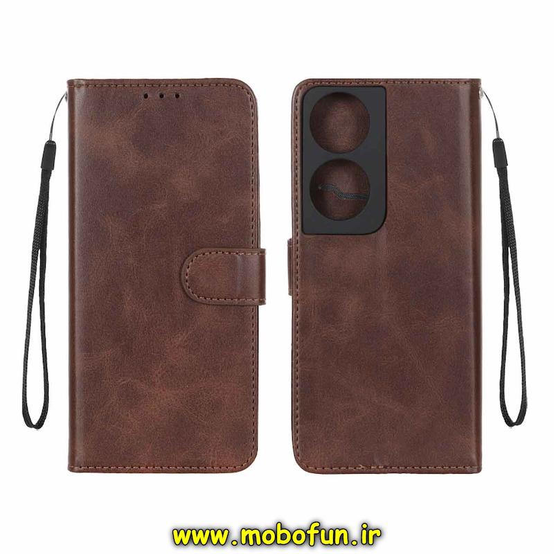 کیف گوشی Honor X7B آنر مگنتی طرح چرم کتابی محافظ لنزدار بنددار قهوه ای کد 93958