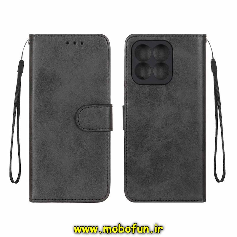 کیف گوشی Honor X8B آنر مگنتی طرح چرم کتابی محافظ لنزدار بنددار مشکی کد 93991