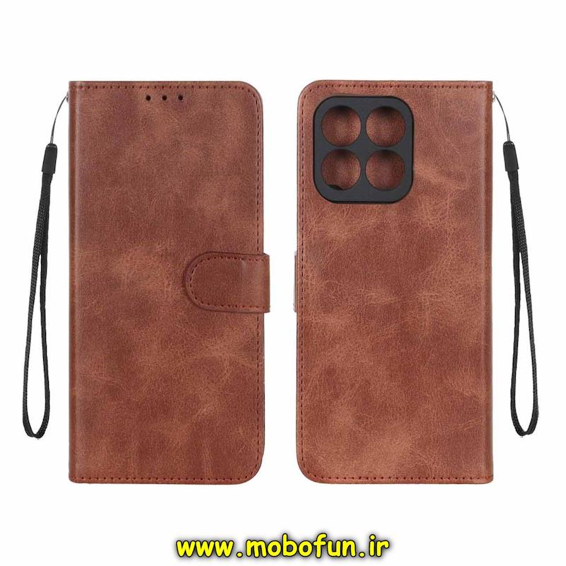 کیف گوشی Honor X8B آنر مگنتی طرح چرم کتابی محافظ لنزدار بنددار قهوه ای کد 93992