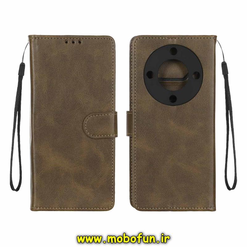 کیف گوشی Honor X9A آنر مگنتی طرح چرم کتابی محافظ لنزدار بنددار سبز زیتونی کد 94005