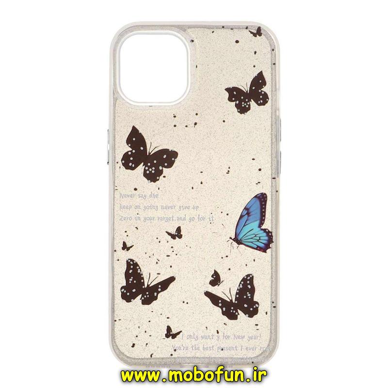 قاب گوشی iPhone 13 / iPhone 14 آیفون ضد ضربه مات دور ژله ای اکلیلی طرح پروانه کد 94119