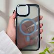 قاب گوشی iPhone 13 / iPhone 14 / iPhone 16e آیفون شیشه ای مگ سیف دار مگنتی اورجینال Unique Case لنز فلزی مشکی آبی کد 104355