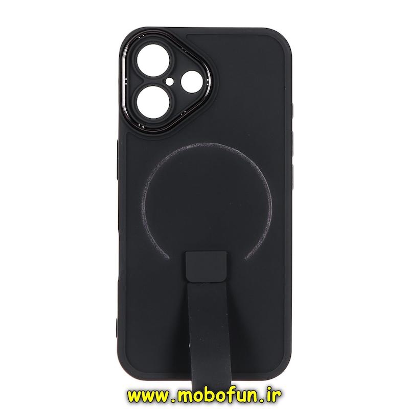 قاب گوشی iPhone 16 آیفون متال کیس سیلیکونی ژله ای LUXUARY بند انگشتی طرح مگ سیف محافظ لنز دار مشکی کد 94239
