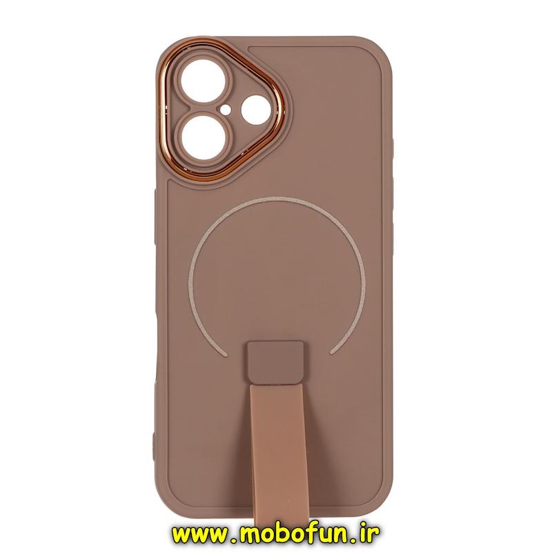 قاب گوشی iPhone 16 آیفون متال کیس سیلیکونی ژله ای LUXUARY بند انگشتی طرح مگ سیف محافظ لنز دار نسکافه ای کد 94241