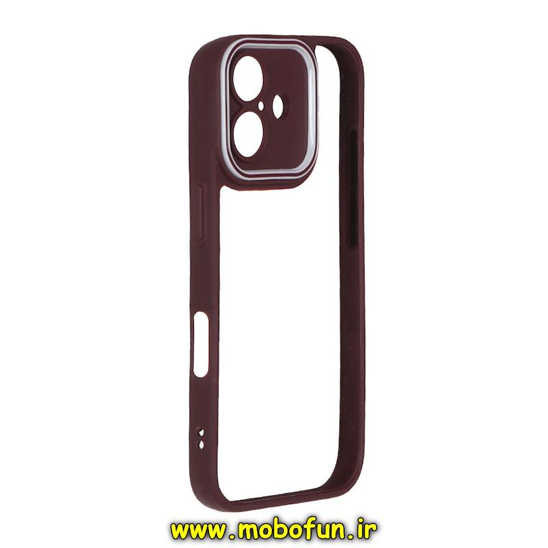 قاب گوشی iPhone 16 آیفون پشت طلق شفاف دور سیلیکونی دور رنگی محافظ لنز برجسته زرشکی کد 94247