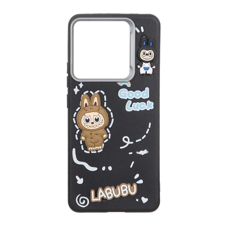 قاب گوشی Redmi Note 14 4G شیائومی لدرکیس عروسکی فانتزی سیلیکونی برجسته طرح چرمی لبوبو مشکی کد 105671