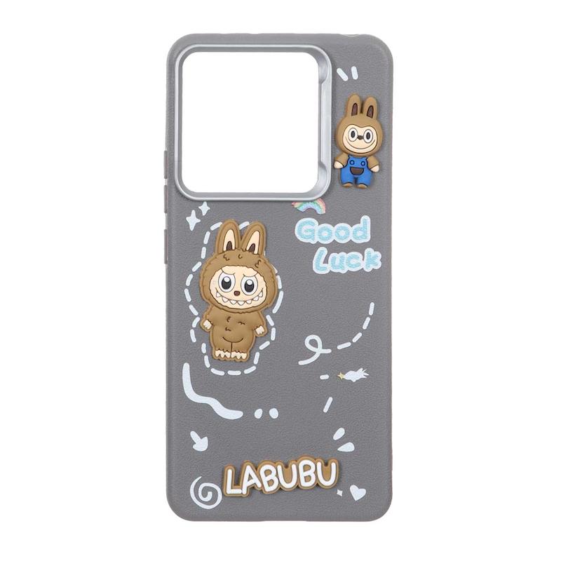 قاب گوشی Redmi Note 14 4G شیائومی لدرکیس عروسکی فانتزی سیلیکونی برجسته طرح چرمی لبوبو طوسی کد 105672